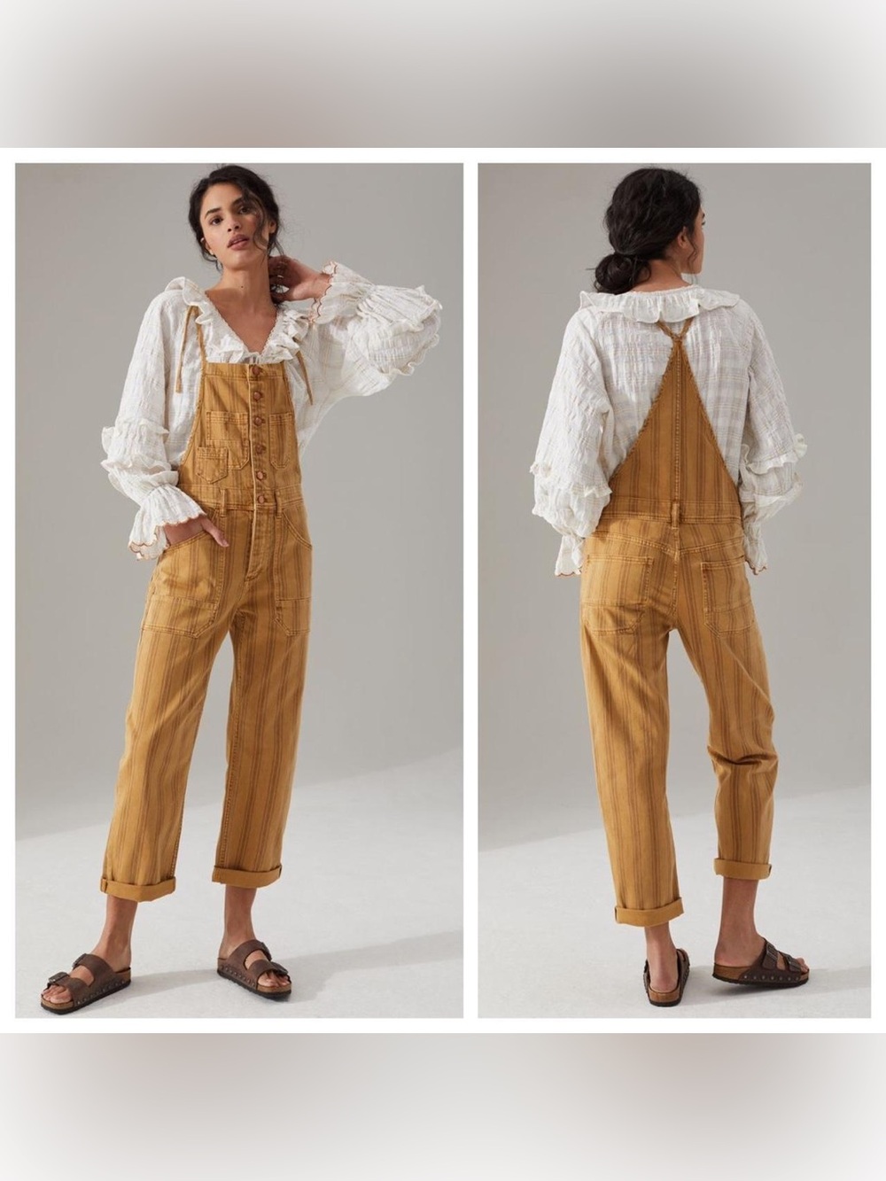 Anthropologie Pilcro Striped Camel Brown Button-Front Overalls